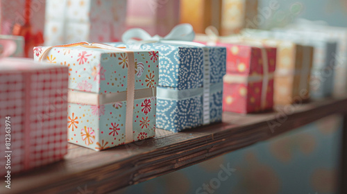 A row of small gift boxes arranged on a shelf, each with a different pattern and color scheme, ready for gifting