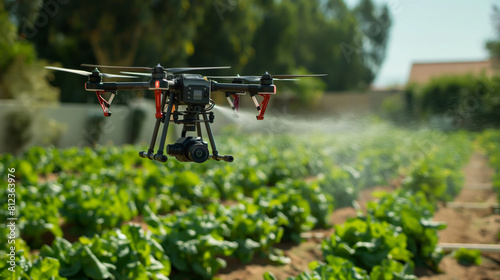A drone is flying over a field of green plants.