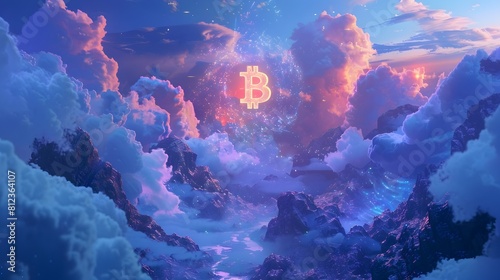 Surreal Cryptocurrency Landscape with Glowing Bitcoin Symbol in Ethereal Cosmic Atmosphere