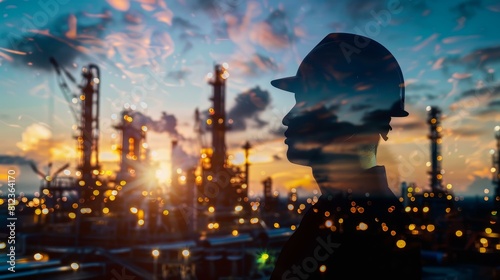 Silhouette of an industrial worker against an oil refinery backdrop. Engineer with double exposure, Ai Generated © Nattakun