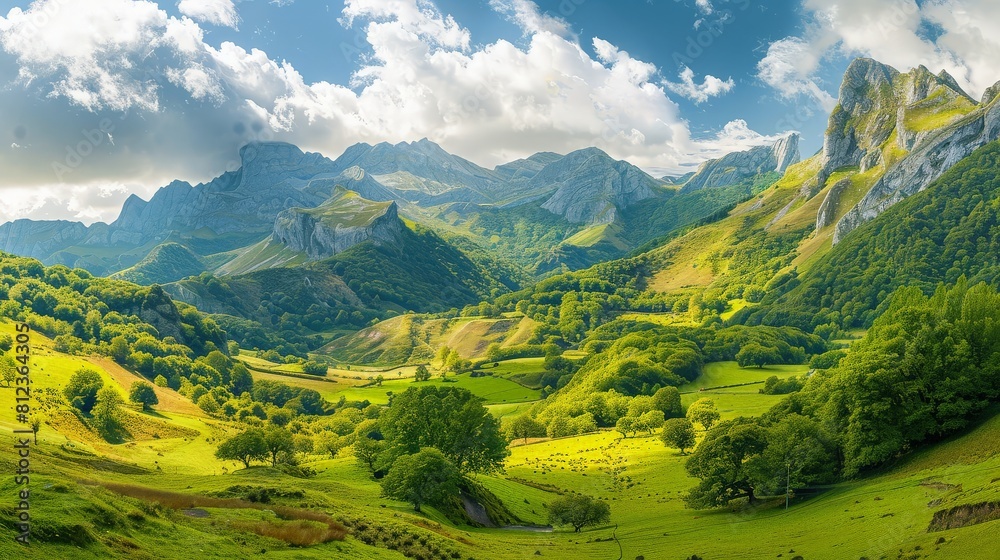 Obraz premium Majestic view of beautiful lush green valley and colorful grass against picturesque. generative aiMajestic view of beautiful lush green valley and colorful grass against picturesque. generative ai