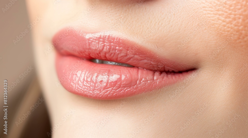 Fototapeta premium Closeup view of beautiful plump female lips, subtly enhanced by natural makeup, Ai Generated