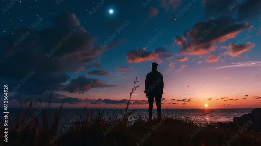 Fototapeta premium Lone man meditates by the ocean under a starlit sky, Ai Generated