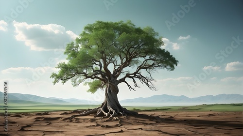 A solitary green tree stands in a barren landscape  its twisted trunk and gnarled branches a testament to its resilience and strength.