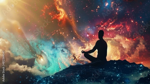 Man meditates against cosmic universe backdrop, Ai Generated photo