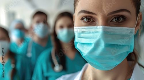 health, medicine and pandemic concept - close up of female doctor or scientist in protective mask over medical workers at hospital on background