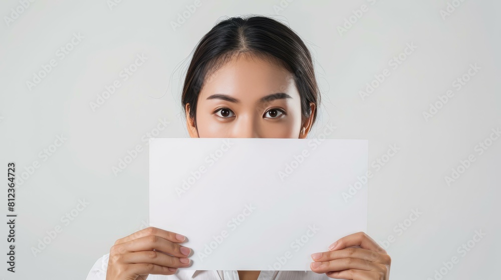 Young Asian woman covers her face with blank white paper in studio, Ai Generated Young Asian woman covers her face with blank white paper in studio, Ai Generated