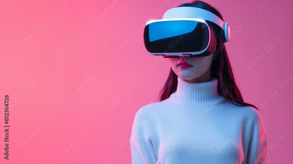 Young Asian gamer explores virtual worlds with a sleek VR headset, vibrant pink backdrop, Ai Generated Young Asian gamer explores virtual worlds with a sleek VR headset, vibrant pink backdrop, Ai Generated