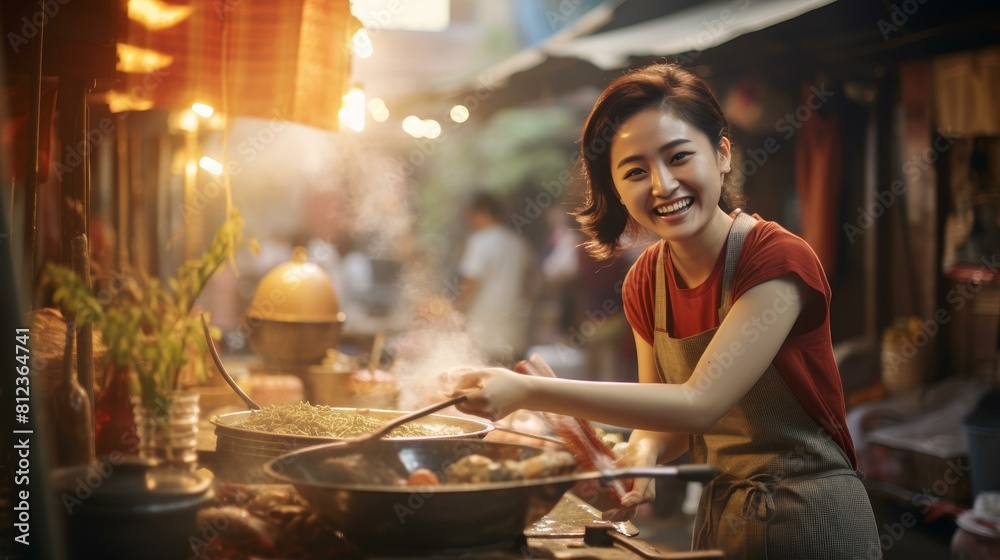 Young Asian woman happily prepping meals in a bustling street kitchen, Ai Generated Young Asian woman happily prepping meals in a bustling street kitchen, Ai Generated