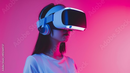 Young Asian gamer explores virtual worlds with a sleek VR headset, vibrant pink backdrop, Ai Generated © ChimE