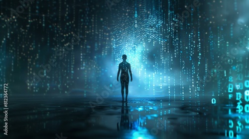 Digital human silhouette amidst a sea of binary in cyber reality  Ai Generated