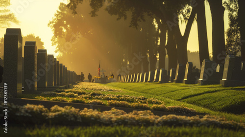 A solemn moment of reflection at a military cemetery on Memorial Day, with visitors honoring the memory of fallen soldiers with silent prayers and tributes