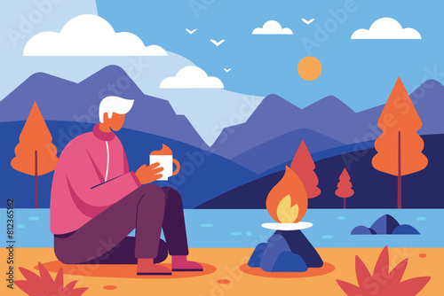 Senior camper drinking tea at pond. Autumn landscape, bonfire, camping flat vector illustration. Adventure tourism, outdoor travel, hiking concept for banner, website design © mobarok8888