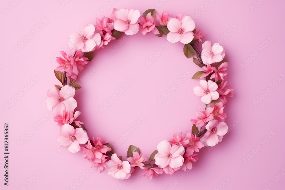 Obraz premium Flowers composition. Wreath made of pink flowers on pink background. Flat lay, top view, copy space 