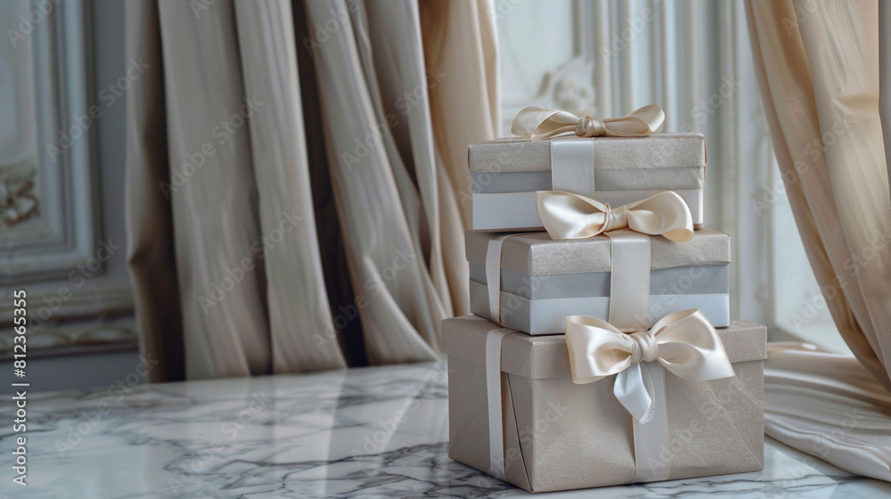 A stack of small gift boxes with elegant bows, displayed on a marble countertop against a backdrop of soft drapery