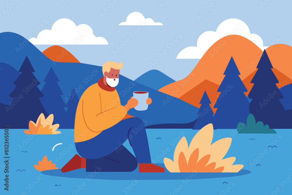 Senior camper drinking tea at pond. Autumn landscape, bonfire, camping flat vector illustration. Adventure tourism, outdoor travel, hiking concept for banner, website design