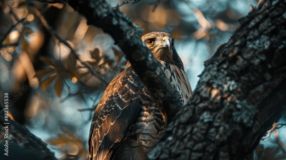 Bird of prey the buzzard concealed within a tree Bird of prey the buzzard concealed within a tree