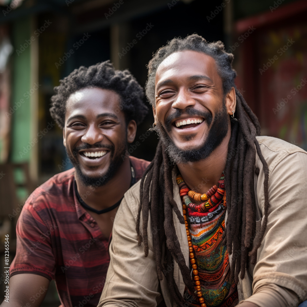 African American Jamaica dread locks man with adult son smiling African American Jamaica dread locks man with adult son smiling