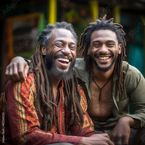 African American Jamaica dread locks man with adult son smiling 