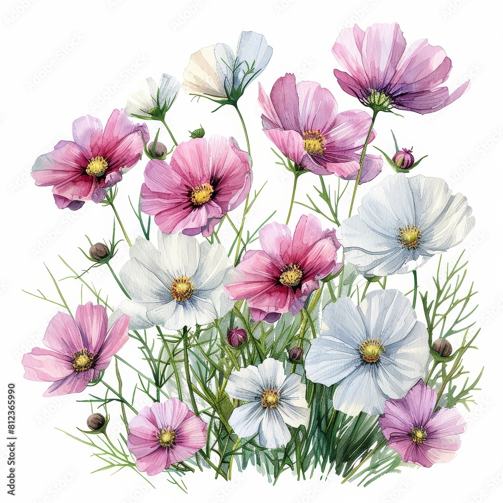 Beautiful watercolor painting of pink and white cosmos flowers. Beautiful watercolor painting of pink and white cosmos flowers.