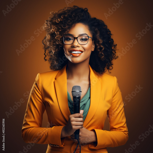 Black African American woman presenter in jacket presenting at conference all smiles with mic in hand
