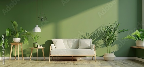 nterior design,Natural Living Space with with Modern furniture against Deep Green Wall Background 3d	
 photo