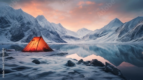 A tent on the shore of a frozen glacial lake