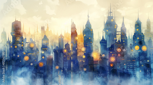The watercolor painting shows a cityscape with skyscrapers and a hint of fog.