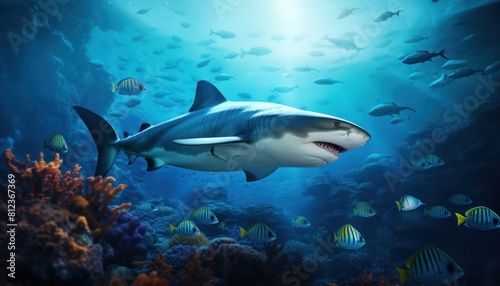 Great white shark in the ocean, portrait of White shark hunting prey in the underwater