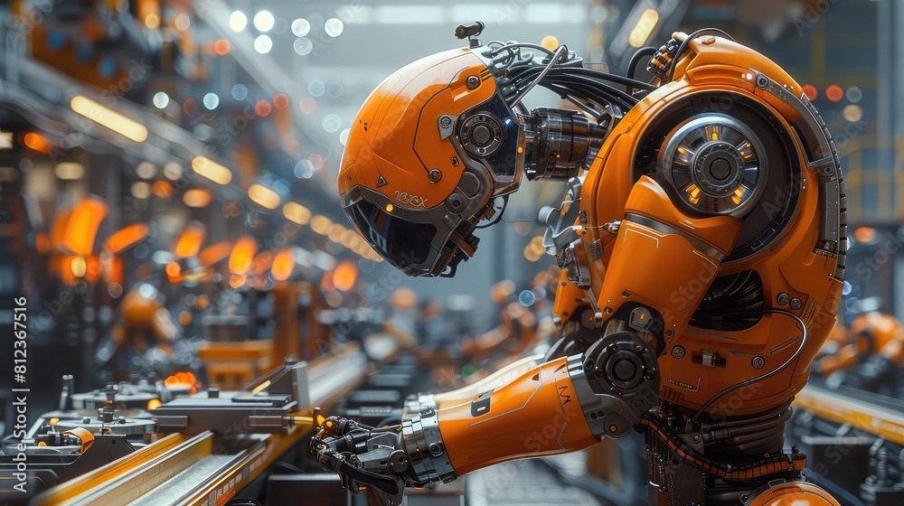 Advanced robotics revolutionizing manufacturing processes in a high-tech factory setting. Advanced robotics revolutionizing manufacturing processes in a high-tech factory setting.