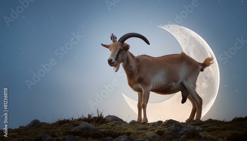 Eid-Moubarak person in the night  the devil and the moon  goat on the mountain  goat in the night  affiche de voeux de l A  d el-Moubarak  lune de ch  vre et de croissant avec ciel nocturne