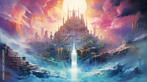 Design a surreal watercolor painting featuring a digital fortress guarding against cyber threats Envision a dreamlike landscape with towering firewall structures and cascading stre