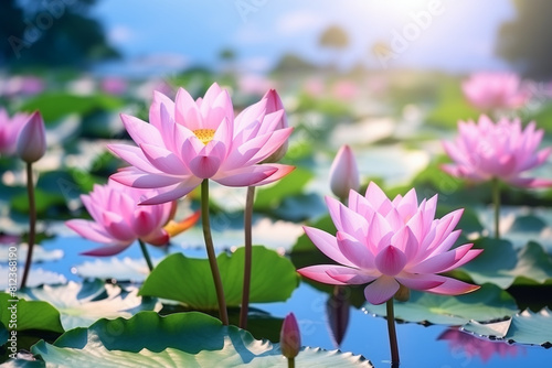 Panoramic of blooming Lotus flower on Green blurred background.Colorful water lily or lotus flower Attraction in the pond