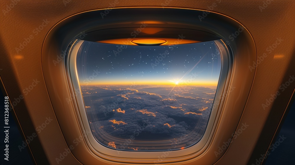 view from airplane window, sunset over the clouds