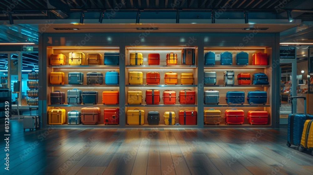 A vibrant display of colorful luggage in an airport store A vibrant display of colorful luggage in an airport store