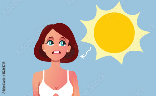 Woman Getting Sunburns from Heated Sun Vector Cartoon Illustration. Stressed girl having problem with skin redness 
