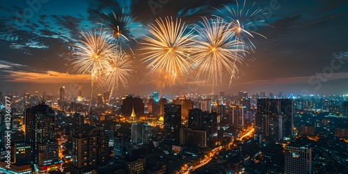 Radiant Fireworks Bursting Above Festive Cityscape During Celebratory Anniversary © Thares2020