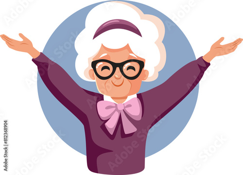 Cheerful Elderly Woman Celebrating with Arms Raised Vector Cartoon. Happy senior lady feeling positive and energetic in her golden years

