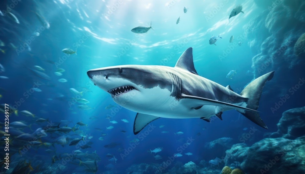 Great white shark in the ocean, portrait of White shark hunting prey in the underwater