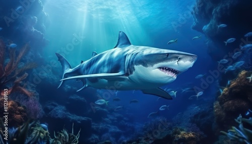 Great white shark in the ocean, portrait of White shark hunting prey in the underwater