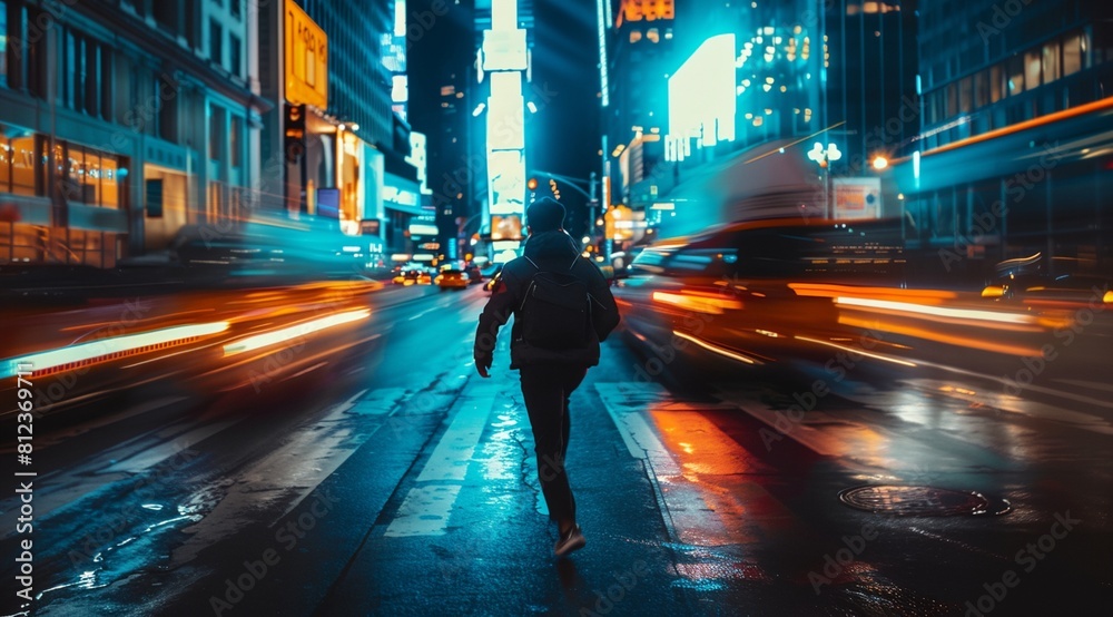 a person walking down a street at night with a blurry background of cars and buildings