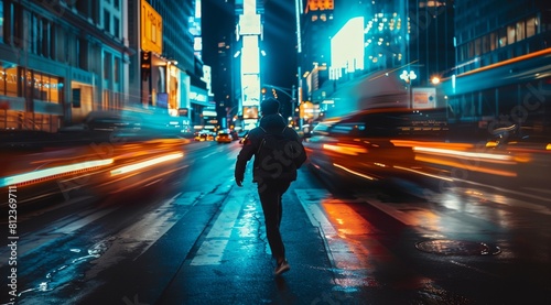 a person walking down a street at night with a blurry background of cars and buildings