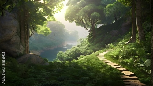 A winding path through a dense forest  dappled sunlight filtering through the canopy above onto the lush greenery below
