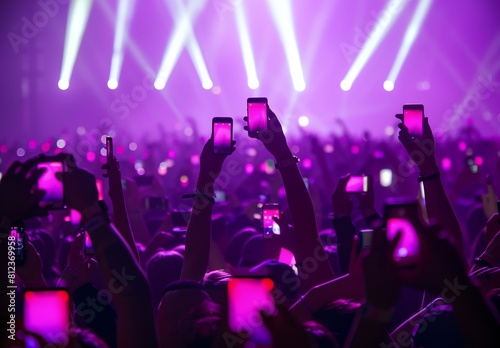 a crowd of people holding up their cell phones in front of a stage with lights and beams in the background