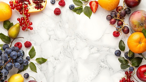 Fototapeta Naklejka Na Ścianę i Meble -  Fresh fruits and berries frame copy space on marble background