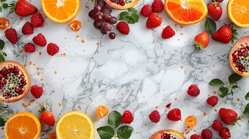 Fototapeta Naklejka Na Ścianę i Meble -  Fresh fruits and berries frame copy space on marble background