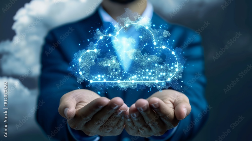 a man in a suit holding a cloud with a lightening effect in his hands a man in a suit holding a cloud with a lightening effect in his hands