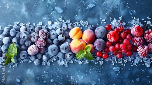 Frozen fruits blueberries blackberry raspberry red currant peach and herbs melissa