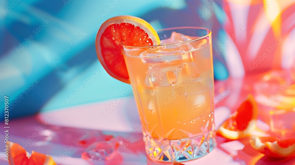 Grapefruit cocktail on pink table and blue wall summer beverage on ice Grapefruit cocktail on pink table and blue wall summer beverage on ice