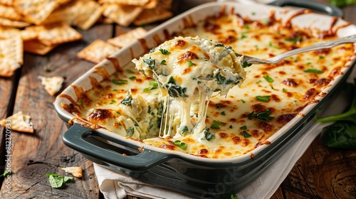Artichoke spinach dip baked with a cheese pull, Generative AI.
